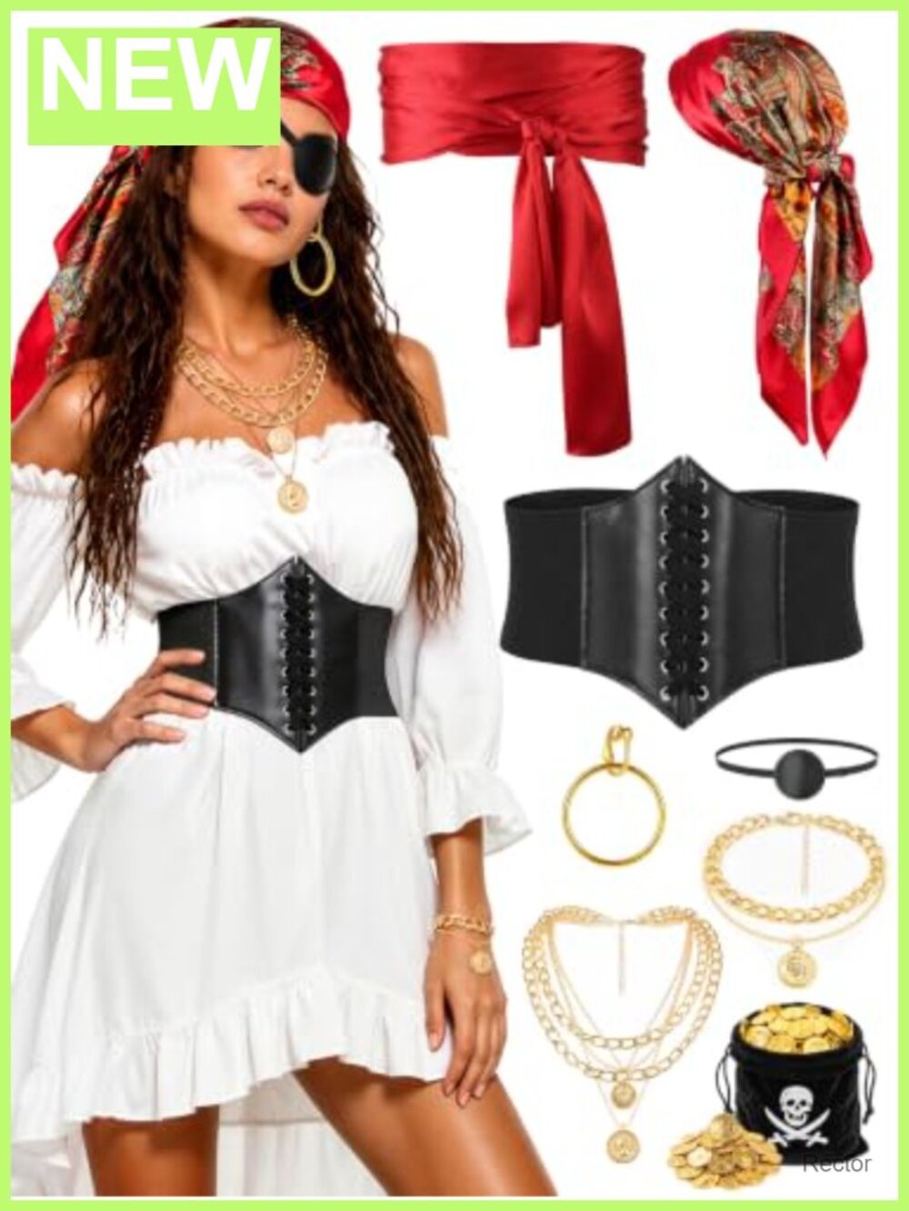 8PC Pirate Costume Accessory Set Corset Belt Scarf Sash Necklace Halloween